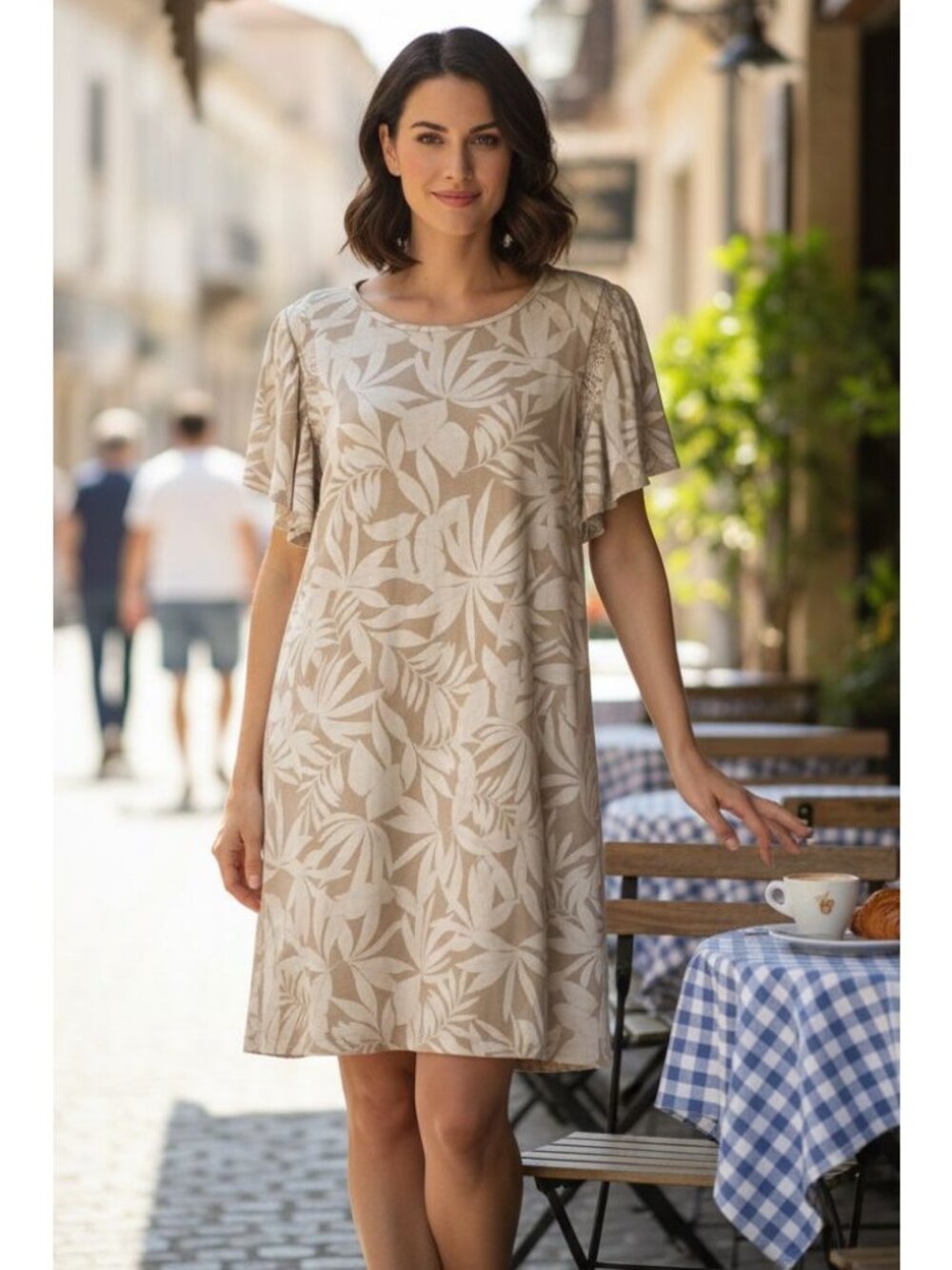 Ecothreads S Tropical Palm A-line Short Flutter Sleeve Minimalist Mini Dress